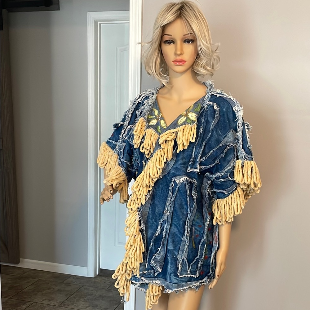 Sheer Fab Unique Denim Fringe Handmade Jacket NWOT